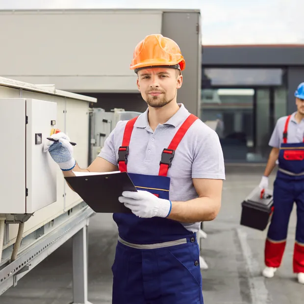 HVAC technician servicing a rooftop unit