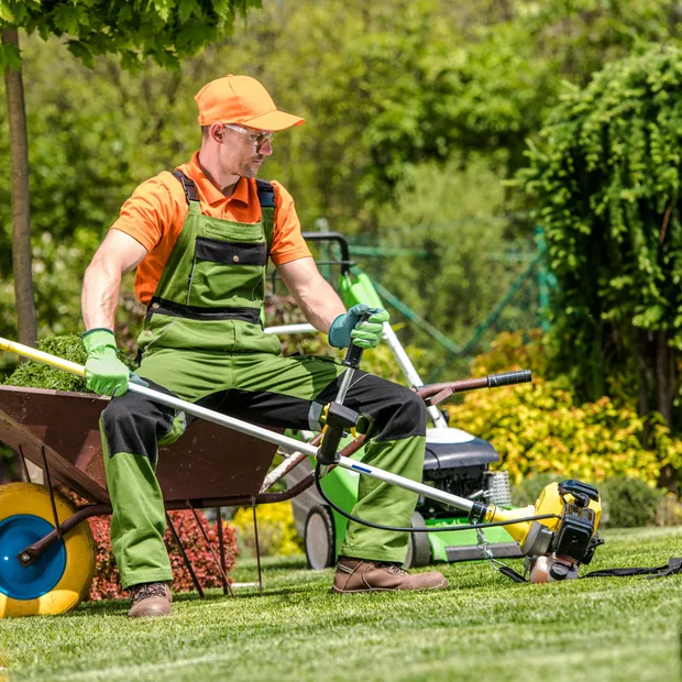 Landscaper working in a residential yard